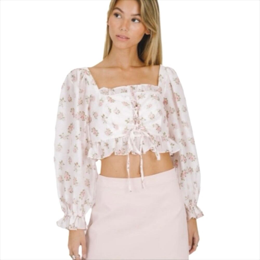 🔥 Storia Rowan Ruffled Square Neck Floral Print Cropped Top Size Medium